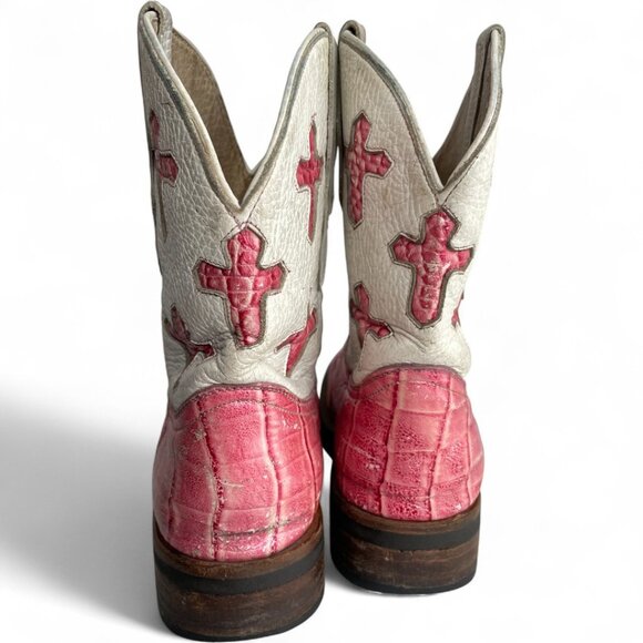 Ferrini Pink White Crosses Leather Distressed Western Cowgirl Cowboy Boots 8.5 - Picture 9 of 15